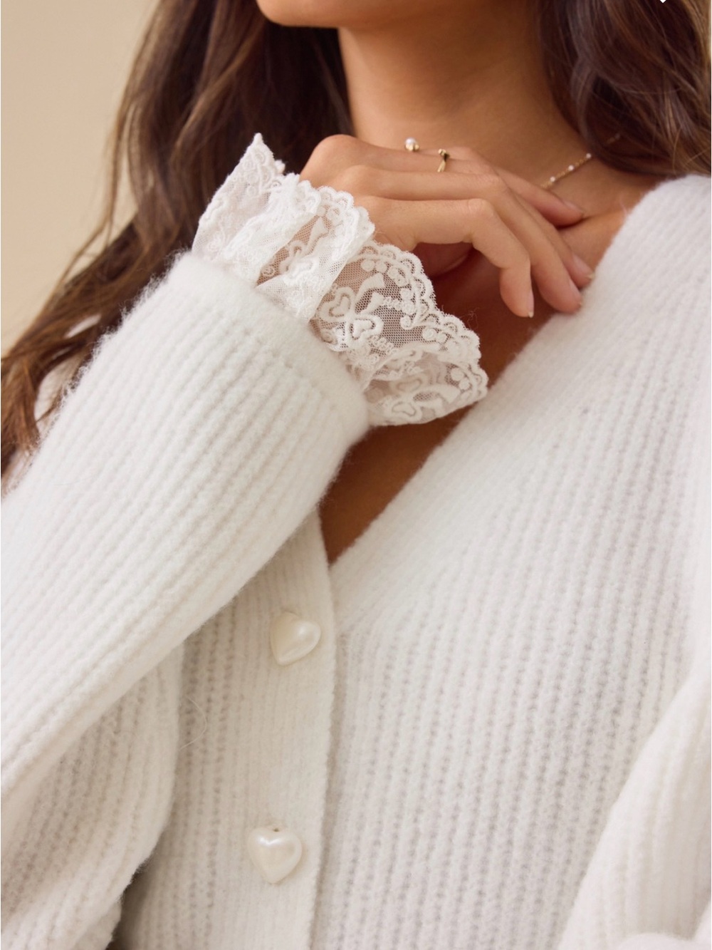 Altar'd State Ivory Lace-Trim V-Neck Cardigan - Picture 3 of 8